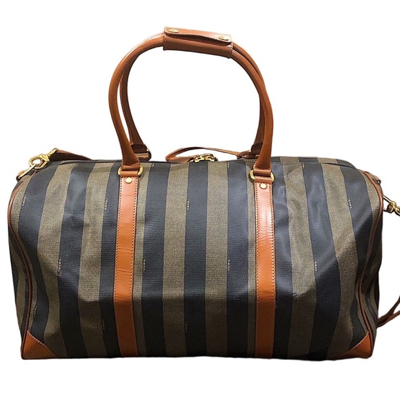 FENDI Pequin Pecan Striped Bandolier Boston Travel Bag w FENDI Shoulder Strap - Picture 6 of 17